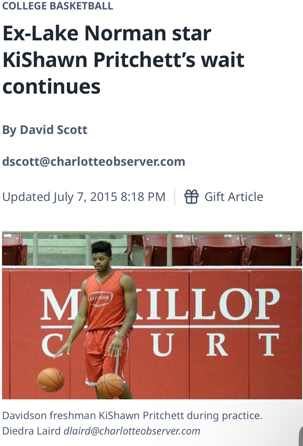 Charlotte Observer story about KiShawn Pritchett as a young basketball player